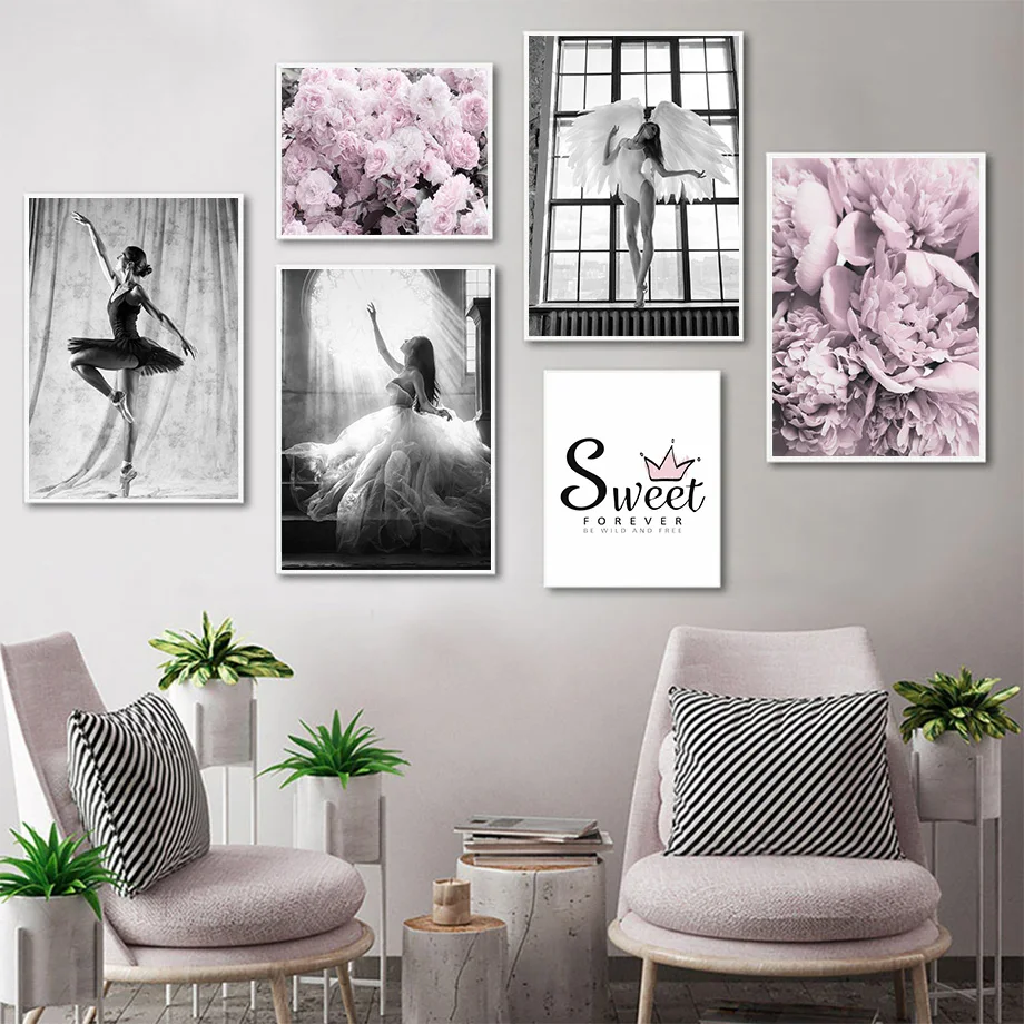 

Angel Wings Ballet Girl Pink Flower Quote Nordic Posters And Prints Wall Art Canvas Painting Wall Pictures For Living Room Decor