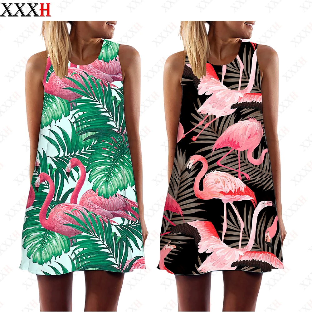 

Flamingo Pattern Printed Women Vest Dress Casual O-Neck Sleeveless A-Line Mini Dress 2022 Summer Loose Party Beach Sundress