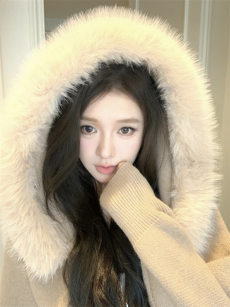 KUSAHIKI меховой свитер с капюшоном для женщин осень-зима вязаный кардиган двойной