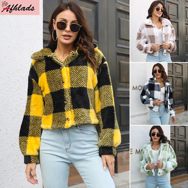 

Женское однобортное пальто в клетку, свободная повседневная прямая верхняя одежда с длинными рукавами-фонариками и отложным воротником, Ос...