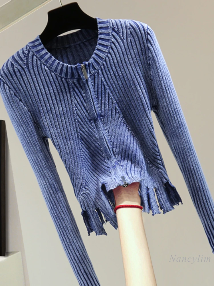 

Tassel Hem Sweater Women Short Zipper Cardiagn Long Sleeve Knitted Sweaters Autumn Korean Fashion High Waist Slimming Knitwear