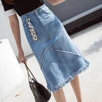 new women high waist korean version stylish raw edge slim jean skirts 2021 summer fashion mid calf female denim skirt patchwork