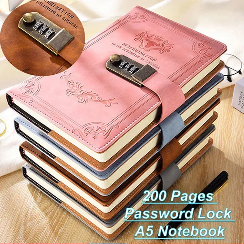 

200 Binder Lock Hand Notepad With Retro Creative Ledger Book Thickened Diary Password Notebook Pages Stationery Student
