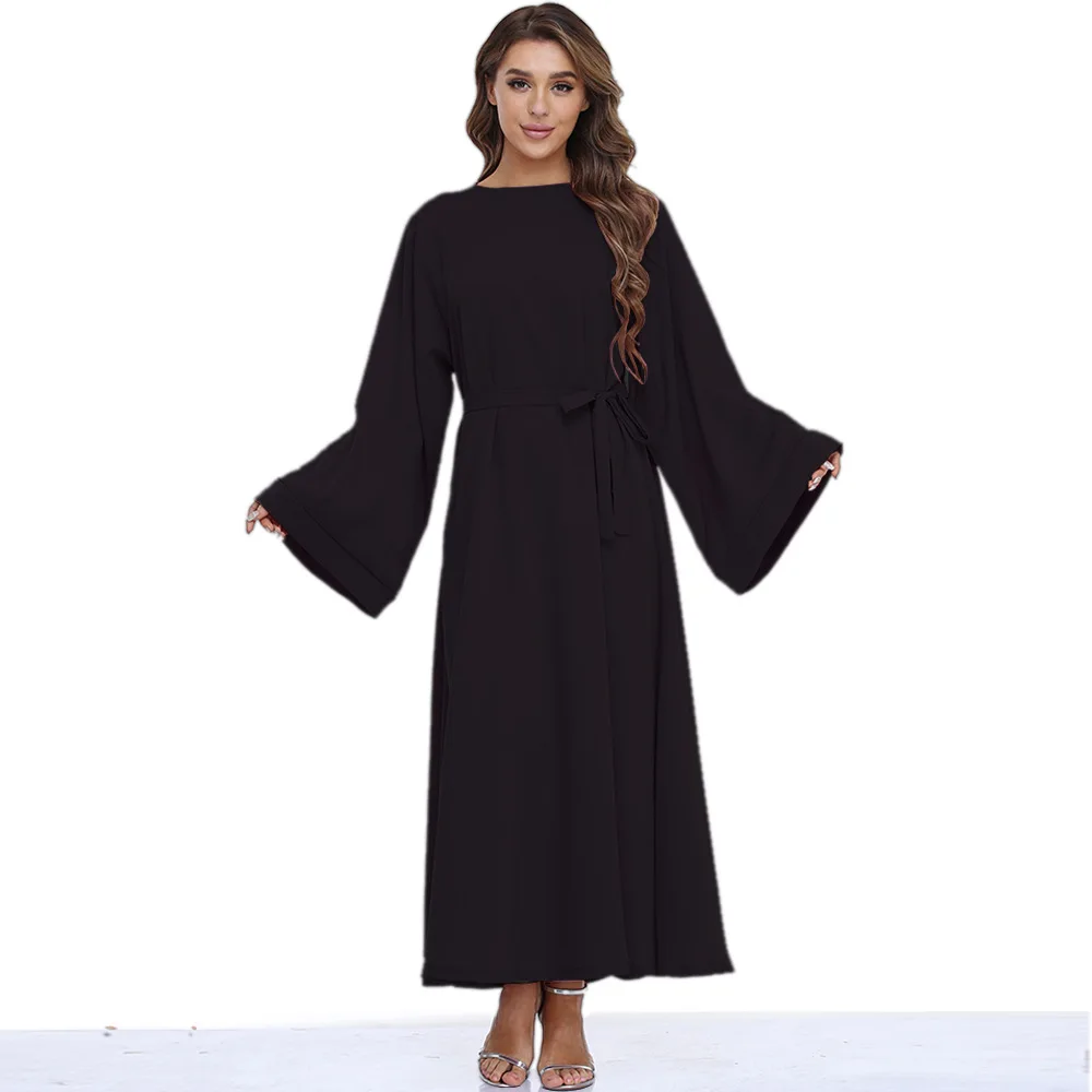 Wepbel Muslim Dress Abaya Women Long Sleeve with Belt Arab Abaya Robe Caftan Clothes Worship Service Djellaba Islamic Clothing