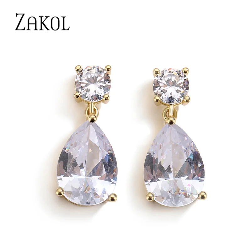 

ZAKOL Fashion White Color Water Drop Top Quality CZ Zirconia Dangle Earrings for Women Bridal Wedding Jewelry FSEP045