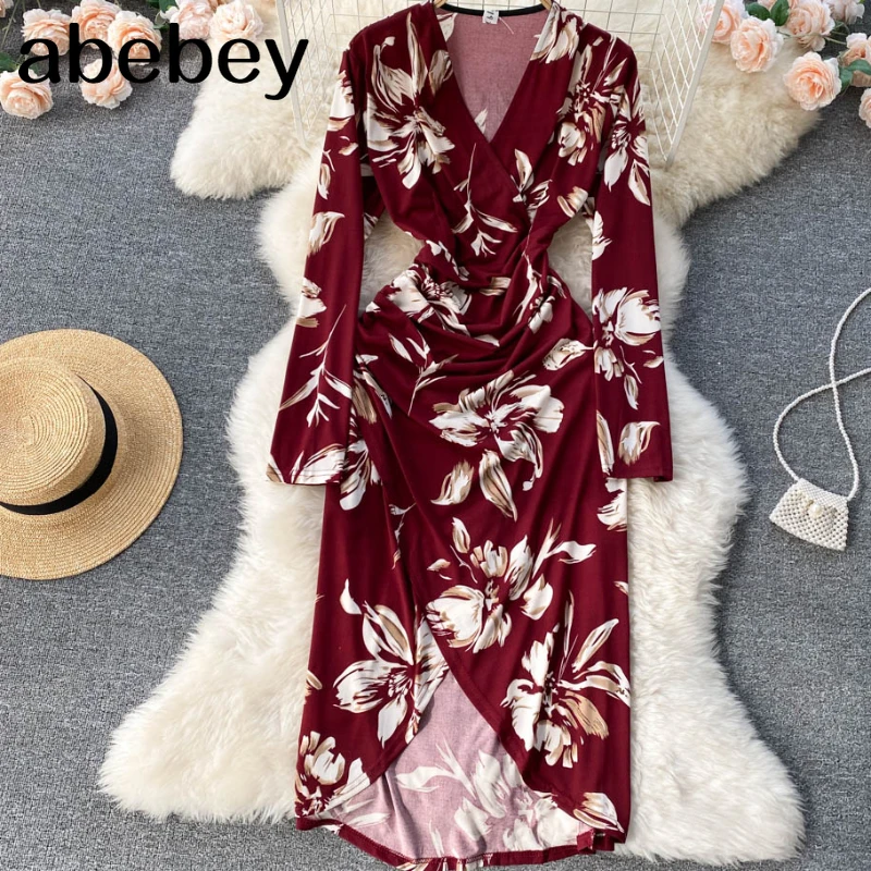 

French Elegant Print Dress Women Long Sleeve V Neck Fashion Korean Party Dresses Spring Sexy Split Streetwear Dress