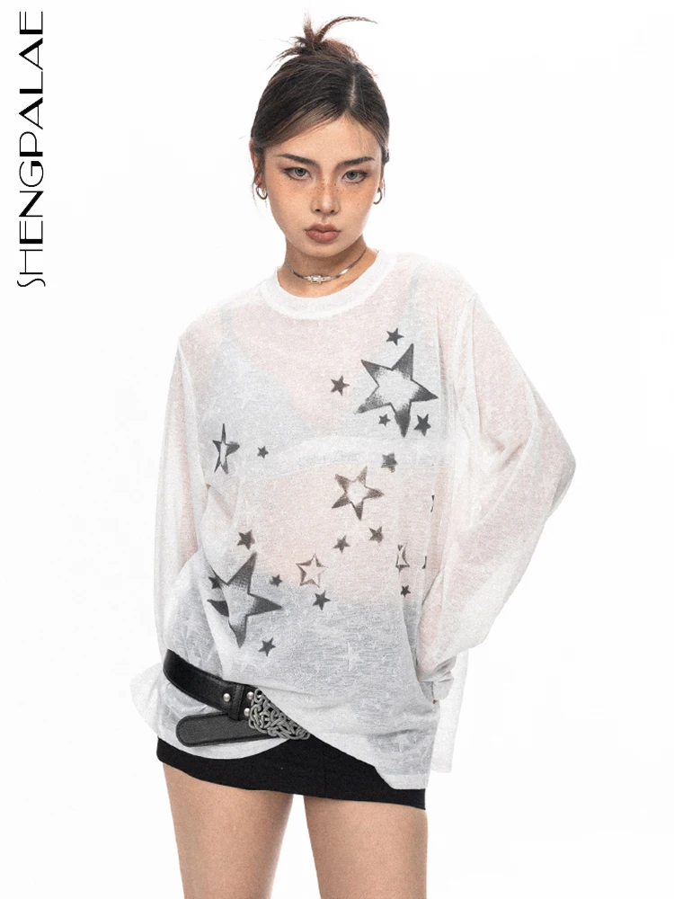 

SHENGPALAE Fashion Women's T-shirt Star Printed O-neck Full Sleeve Casual Vintage Slit Tees Female Autumn 2023 New Trendy 5R5349