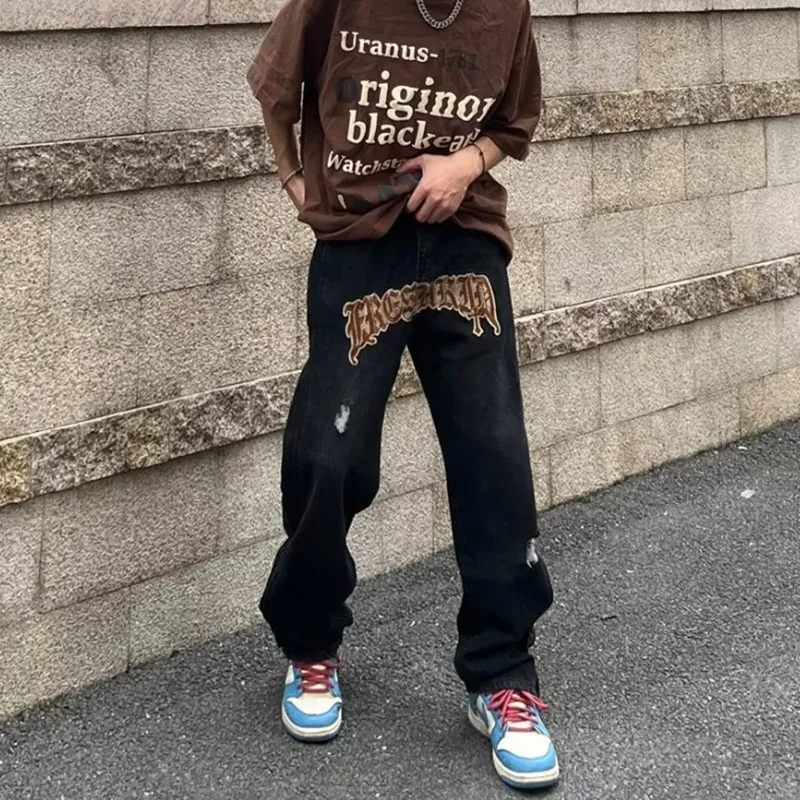 2022 New Fashion Black Streetwear Baggy Men Wide Jeans Pants Y2K Letter Embroidery Ripped Hole Straight Hip Hop Denim Trousers