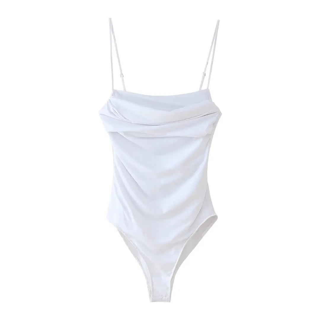 Боди женское Плиссированное облегающее без рукавов на тонких бретельках с