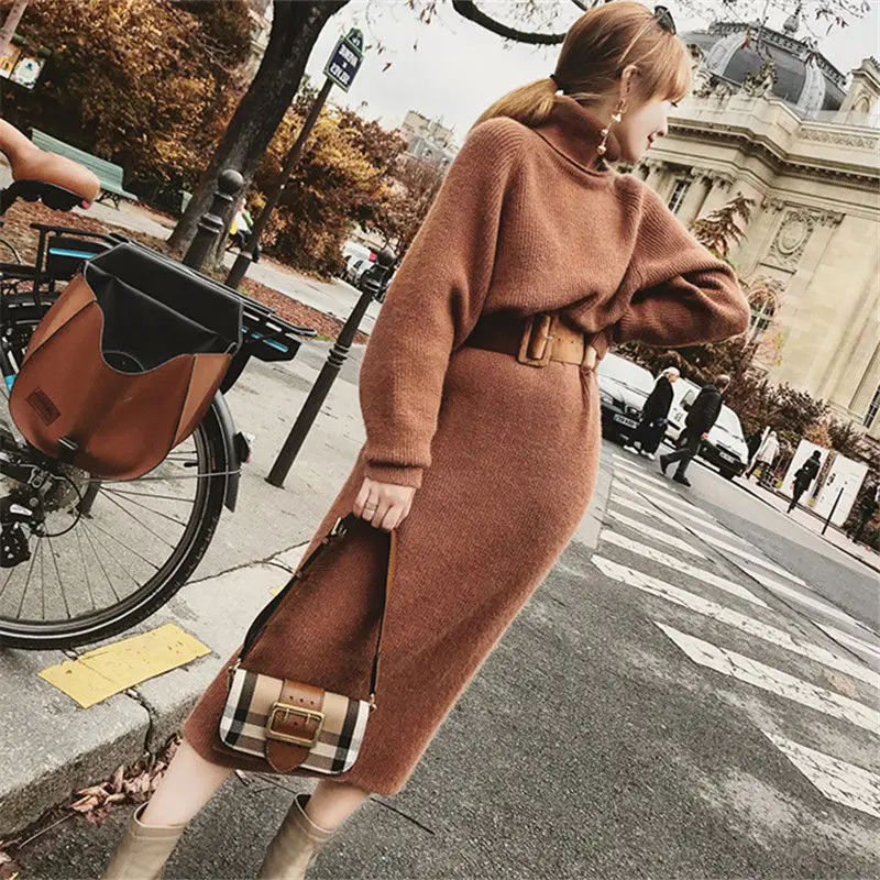 

Autumn and winter new chic lazy wind high neck sweater women's Pullover thickened long wool skirt knee bottomed dress