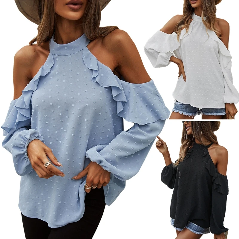 

Women Puff Long Sleeve Halter Shirts Ruffle Cold Shoulder Swiss Dot Blouse Tops
