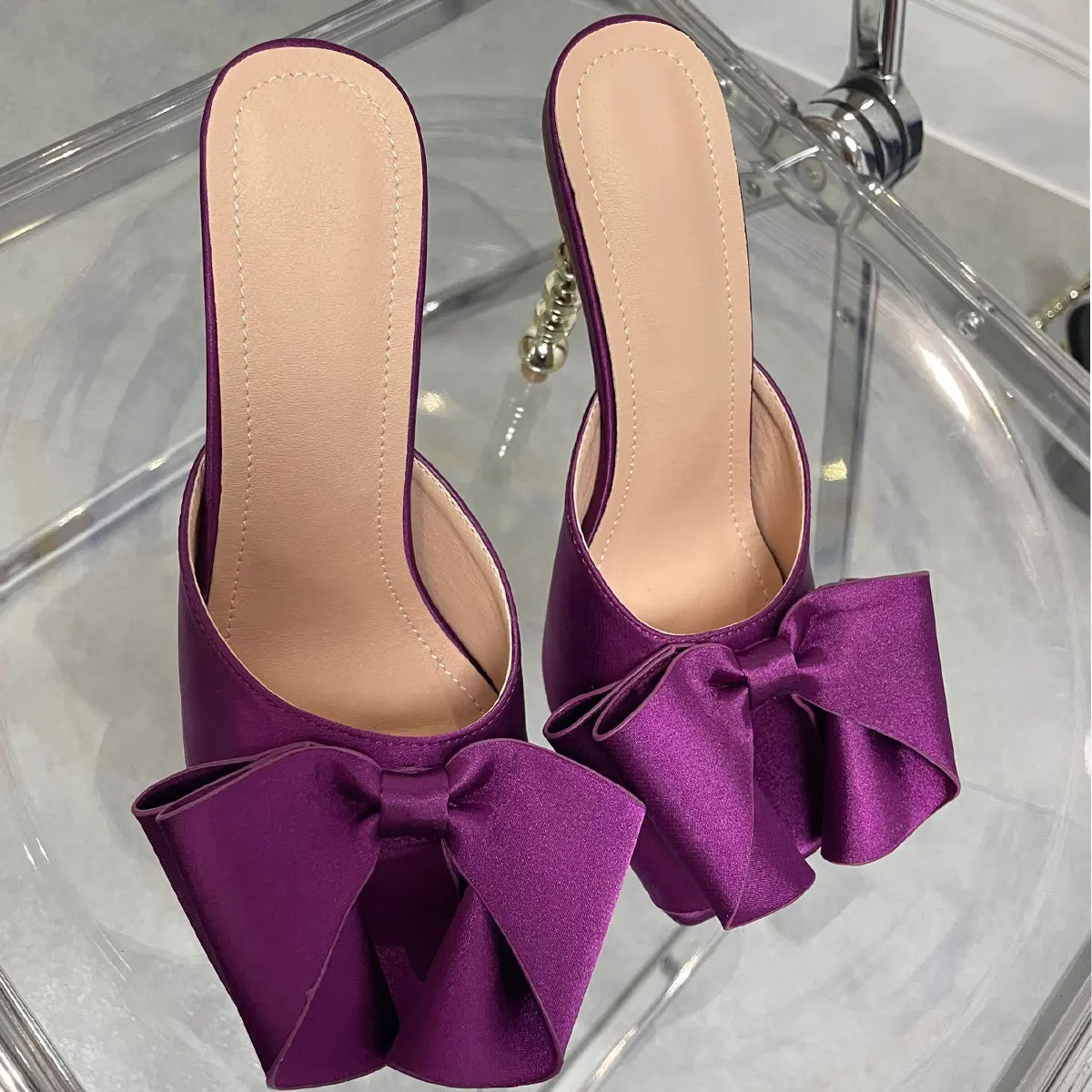 

Women's Sandals High Heels 2022 Summer New Satin Bow Ball Heel Sexy Large Purple Shoes Designer Sandals
