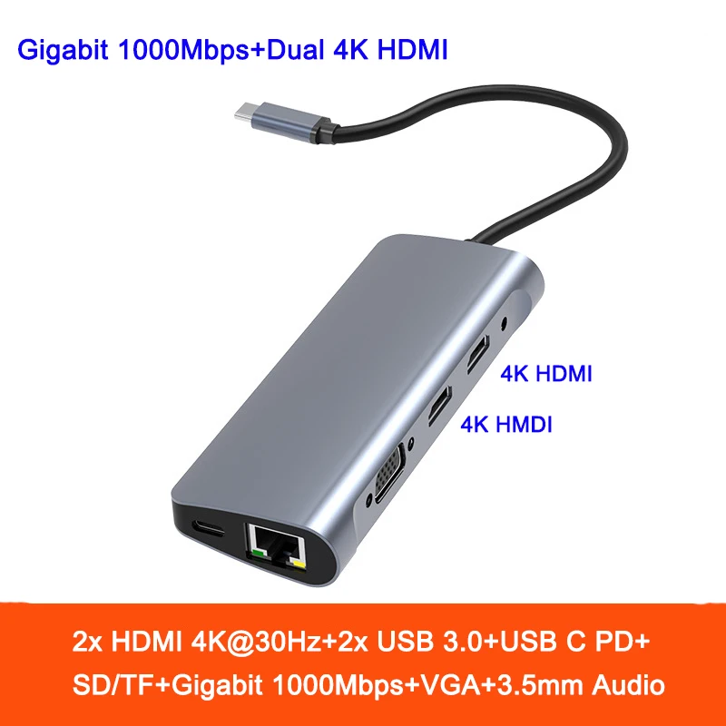 

Dual 4K HDMI VGA 3 Screens Display USB C HUB 10 Ports Gigabit Ethernet 1000Mbps Type C Adapter Docking Station USB3.0 Splitter