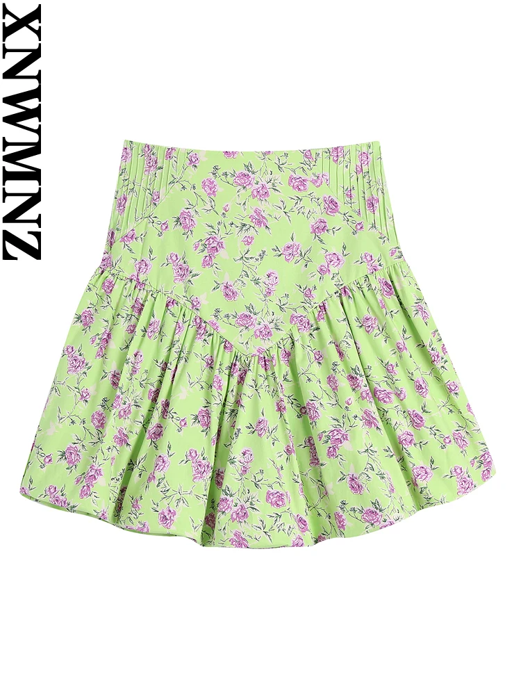 

XNWMNZ 2022 summer women Fashion casual printed mini skirt female vintage box pleat high­ waist short skirts women's clothing