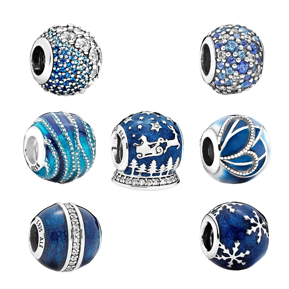 

925 Silver Blue Sparkling Snowflake Round Shape Pendant Fit for Pandora Original DIY Necklace Bracelet Ladies Jewelry Gift