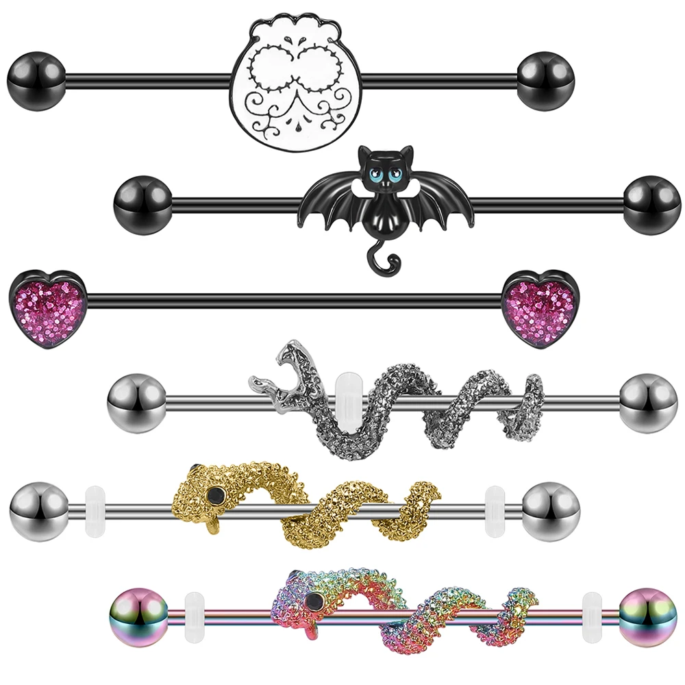 

ZS 14G Black Industrial Barbell Piercing Stainless Steel Bee Snake Helix Long Earring Jewelry 38mm Bat Heart Industrial Earrings