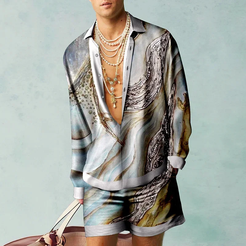 

Ethnic Style Retro Shirt Two-Piece Set For Men'S Hawaii Long Sleeved Shirt Set For Summer Leisure Vacation Beach Shirts Set Tops