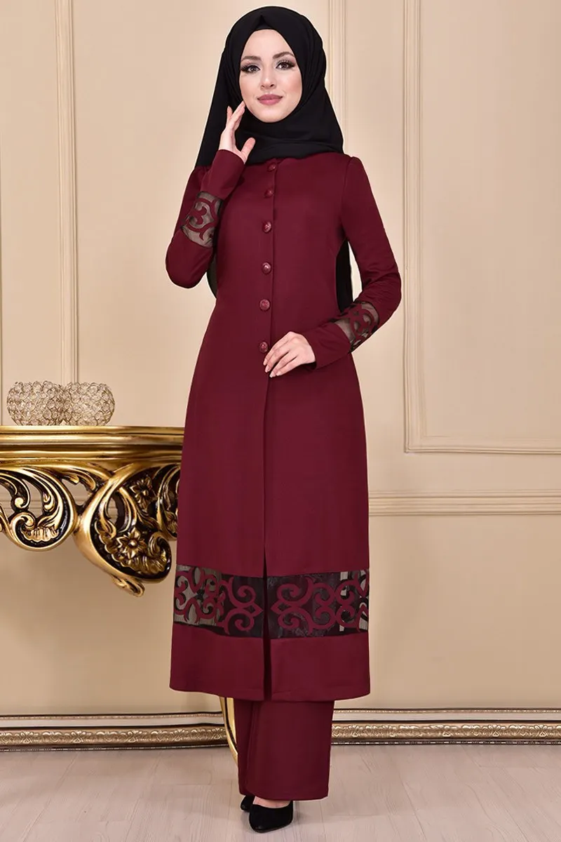 

Buttoned Tunic Combine Burgundy Occasion Dresses For Women Abaya Dress Muslim Woman Dress Saudi Arabian Abaya İslamic ASM2057