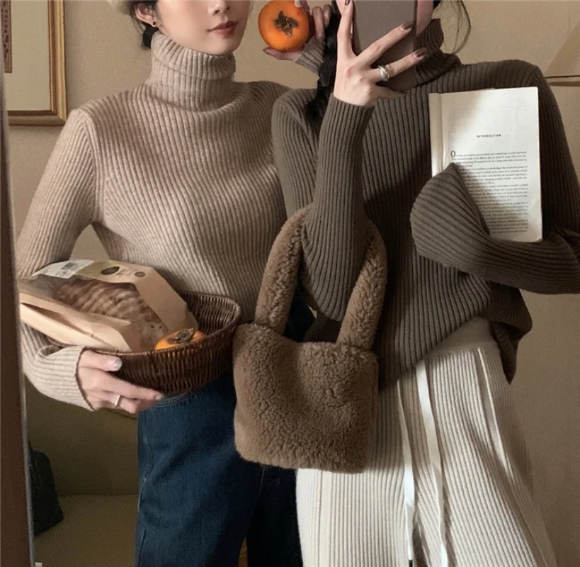

Wool Sweater Woman Turtleneck Pullover Cashmere Sweater Casual Long-sleeved Knitted Top Autumn Winter Solid Basics Korean Lady