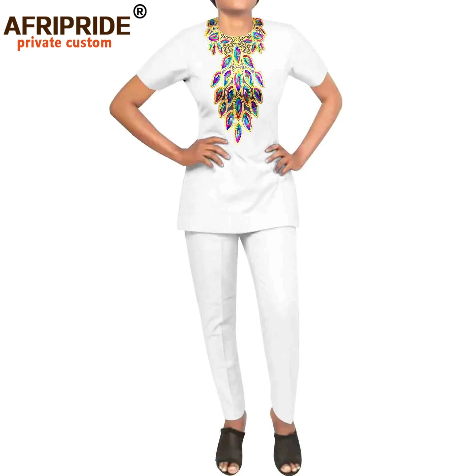 African Clothes for Women Short Sleeve O-neck Embroidery Shirts and Pants 2 Piece Set Dashiki Attire Ladies Outfits A2226015