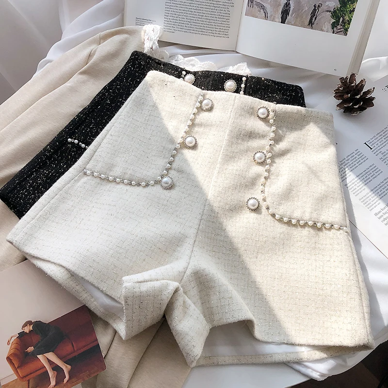 2023 High Waist Tweed Shorts Women Casual Loose Short Pearls Double-breasted Button Shorts Ladies Fashion Autumn All-match