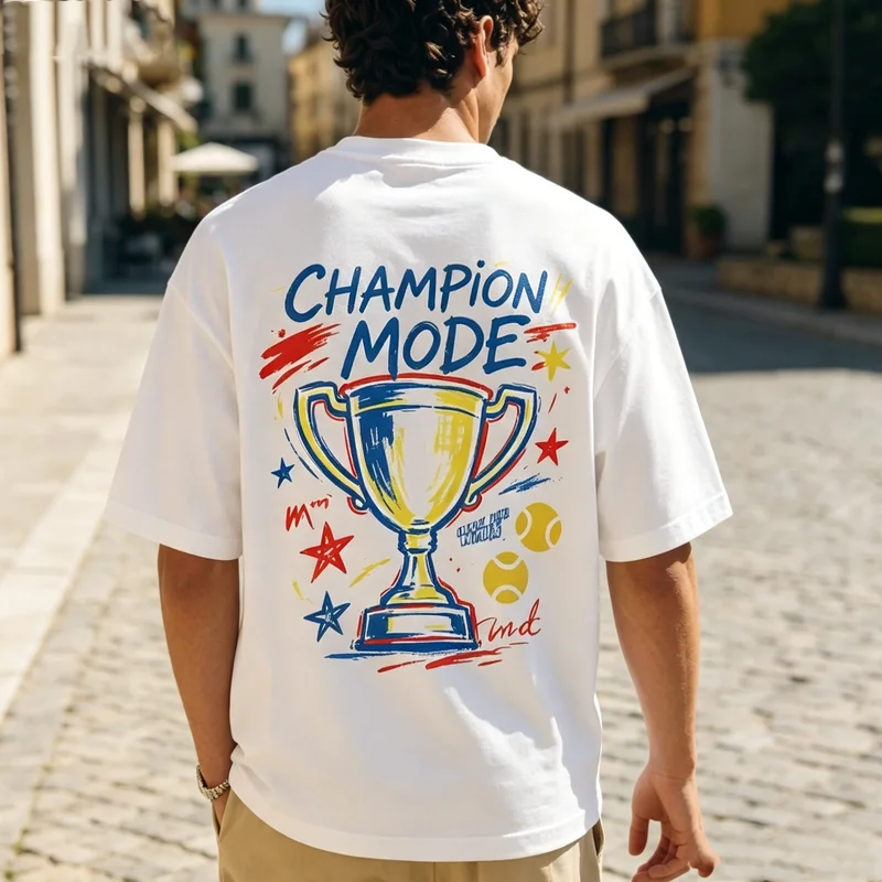 Фото Винтажная футболка Champion Mode Trophy с двусторонним принтом, хлопковая, с коротким рукавом, в стиле французского ретро, теннисная, повседневная, летняя, уличная одежда. №3