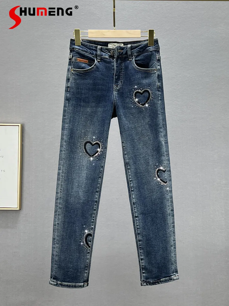 

European Ladies Fashion Elegant Straight Fleeced Denim Pants Women's 2022 Winter High Waist Slimming Rhinestone Cigarette Jeans