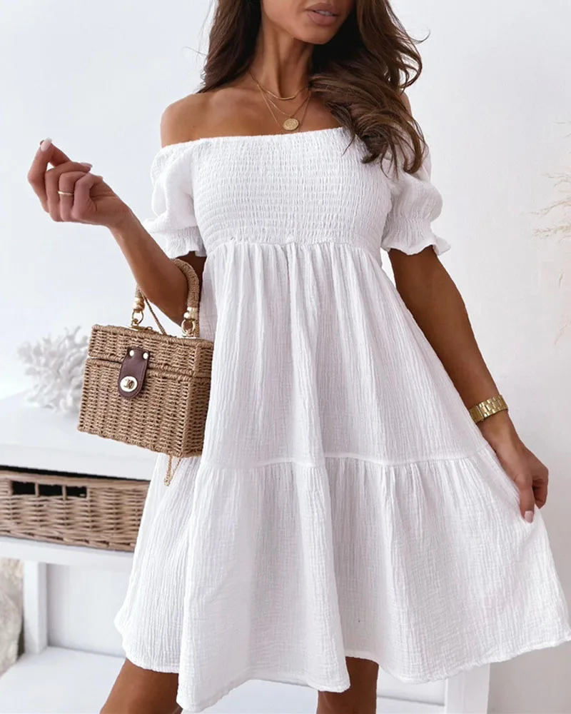 

Off Shoulder Shirred Flowy Swing Dress Women Strapless Solid Color New Spring Summer Mini Dress Sexy