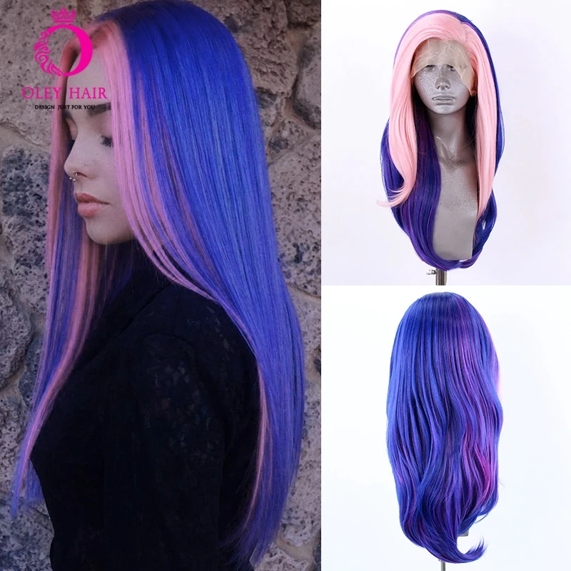 Pink Synthetic Lace Front Wig Blue Highlight Lace Front Wigs Lolita Straight Perplucked Cosplay Wigs For Women OLEY