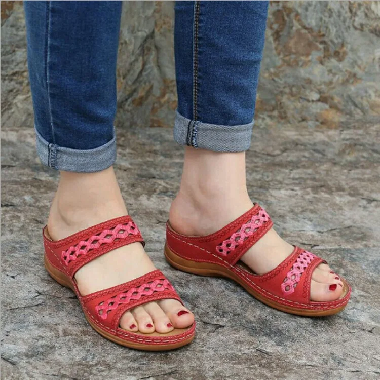 

Shoes Woman's Slippers Platform Slides On A Wedge Big Size 2022 Soft Flat Fabric Floral Casual Embroider PU TPR Scandals Basic F