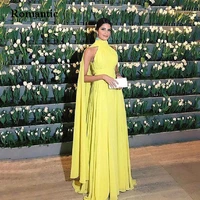 romantic evening dress women dubai elegant chiffon ruched high neck cape yellow prom gowns 2022 vestido longo festa