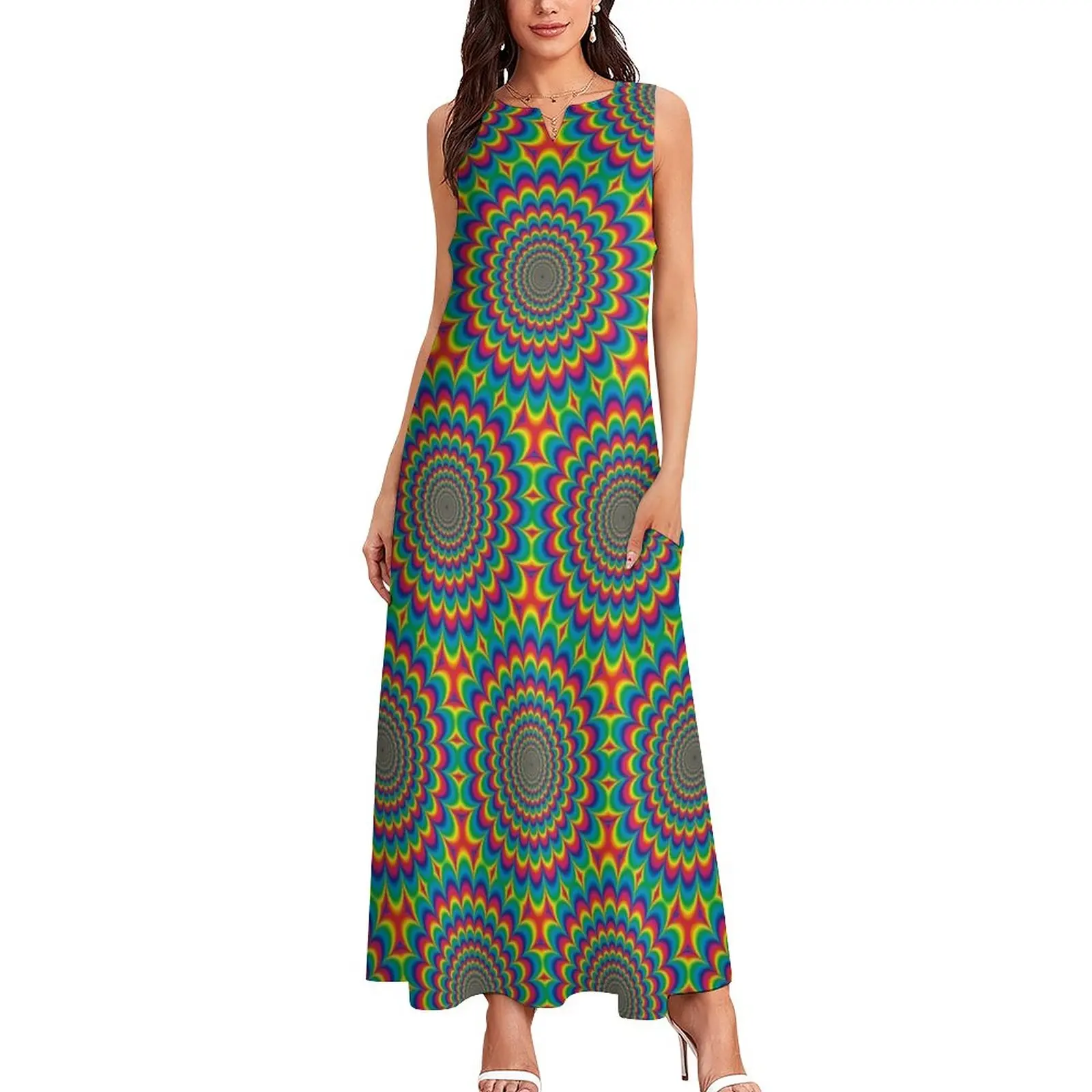 

Psychedelic Sixties Dress Hippie Style Vintage Maxi Dress V Neck Pattern Bohemia Long Dresses Streetwear Oversize Vestidos