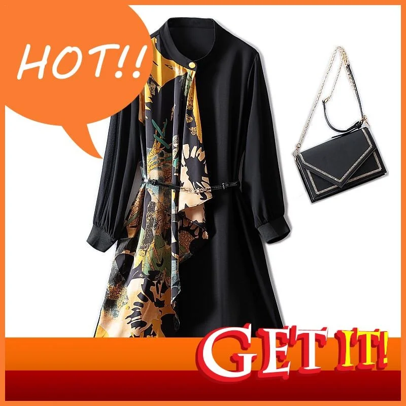 

Women SAMGPILEE Eelegant Dresses For Uropean Station 2023 Spring New Style Belted Stitching Wide Version One Button Retro Dress