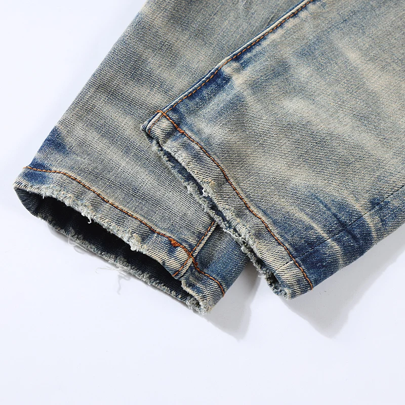 High Street Fashion Men Jeans Retro Gray Blue Elastic Stretch Skinny Ripped Jeans Men Brown Patched Designer Hip Hop Brand Pants