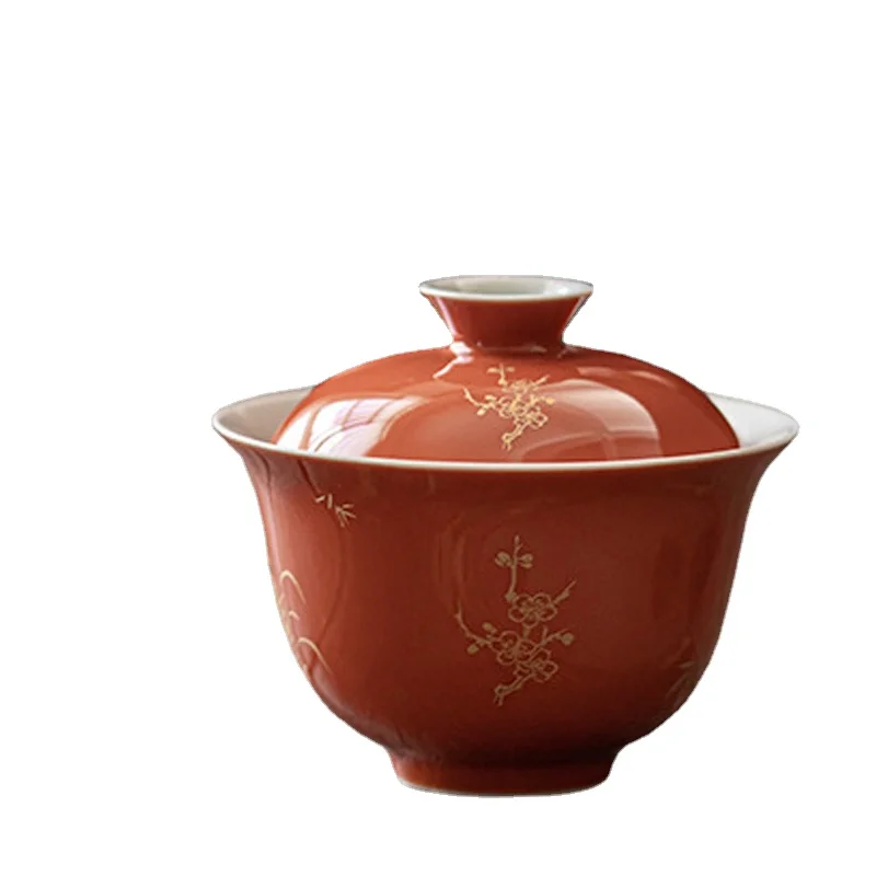

ZL Ceramic Alum Red Tureen Single Tea Brewing Bowl Retro Red Non-Scald Tea Bowl