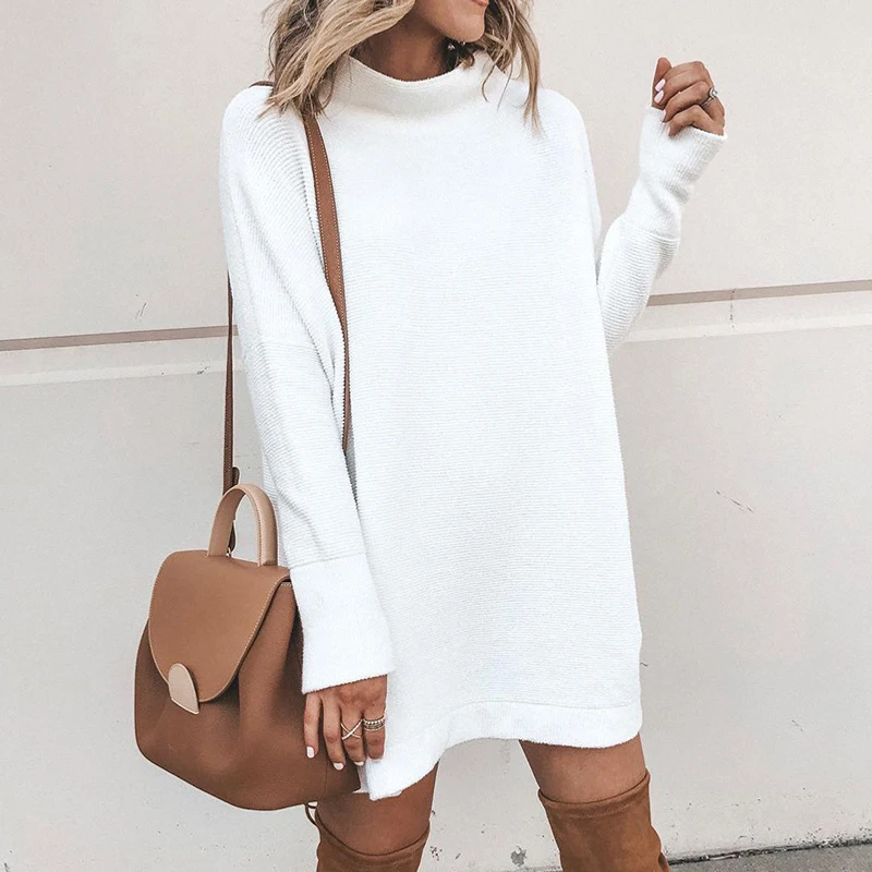 

Casual Loose Office Commuting Dress 2022 Autumn Women Solid A-line Dress Turtleneck Long Sleeve Knitted Pullover Dresses Mujer