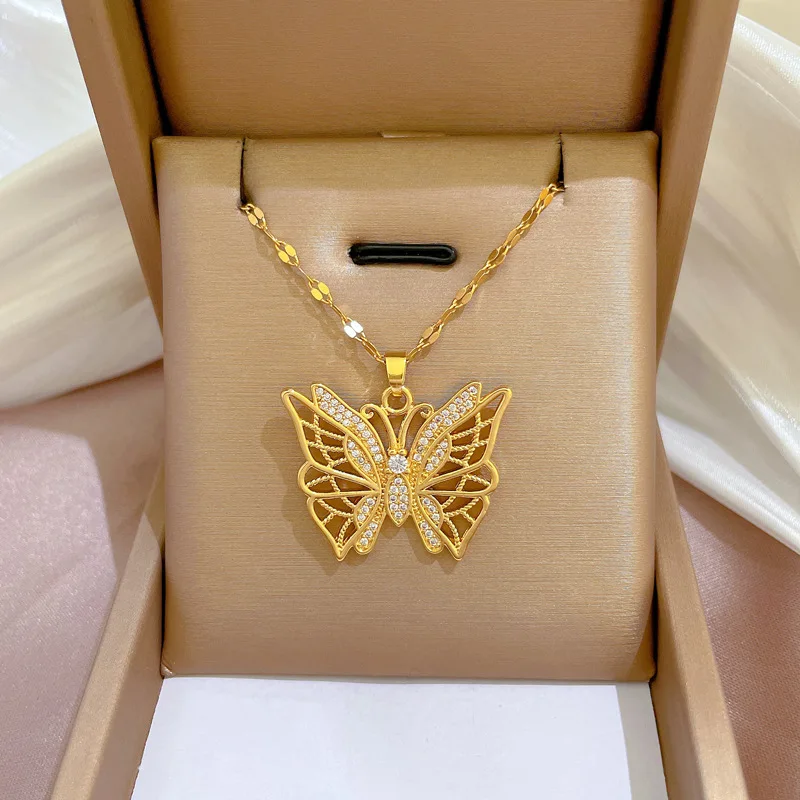 

[titanium Steel] Heavy Industry Wisp Butterfly Micro Inlaid Gold Necklace Female Transfer Beads Ins Clavicle Chain Accessories