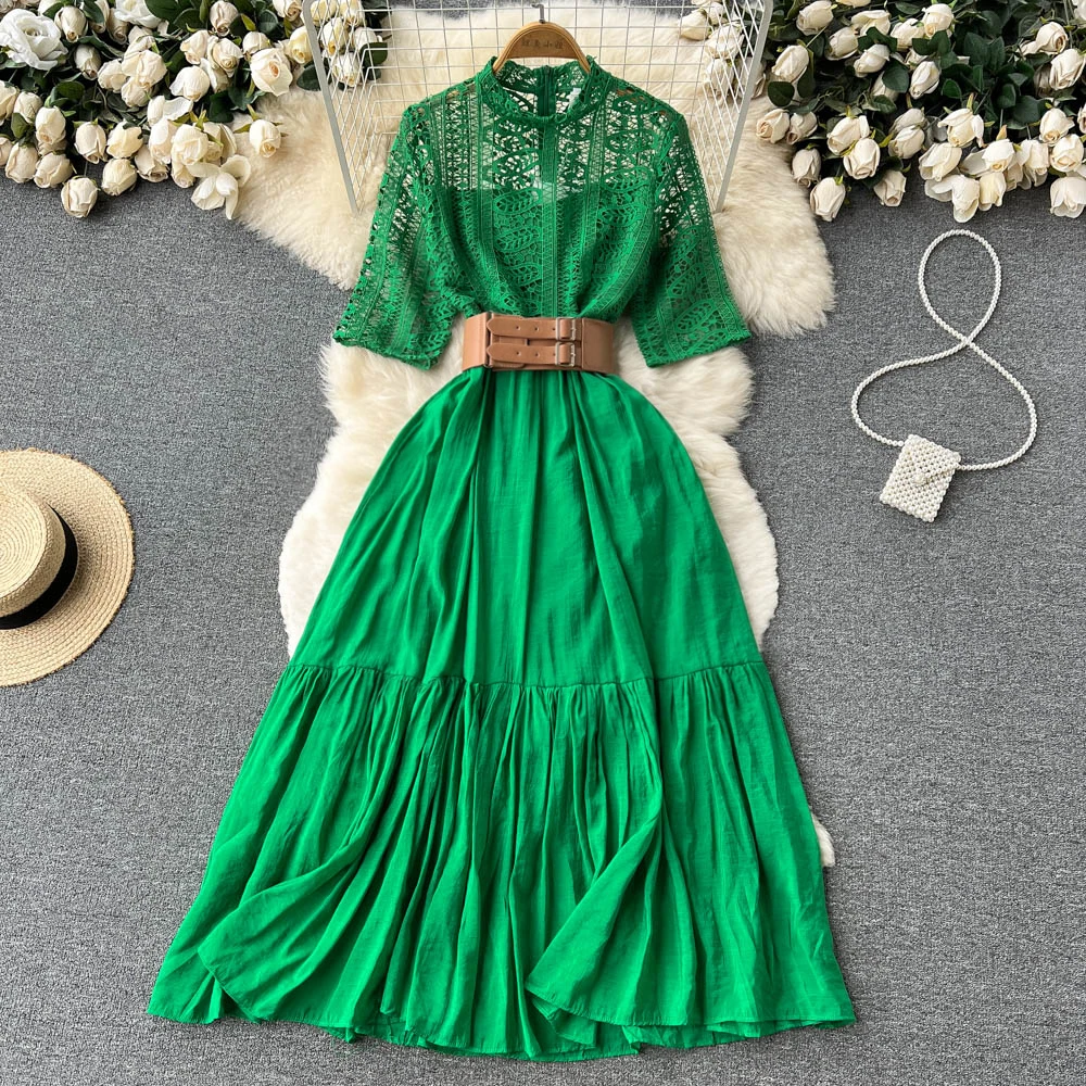 

Женское длинное кружевное платье в стиле пэчворк, винтажное розово-красное/зеленое платье с воротником-стойкой и коротким рукавом, ТРАПЕЦИЕВИДНОЕ ПЛАТЬЕ С Высокой Талией, женское летнее платье