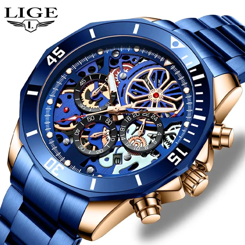 

Часы LIGE Band мужские из нержавеющей стали, водонепроницаемые наручные, с датой