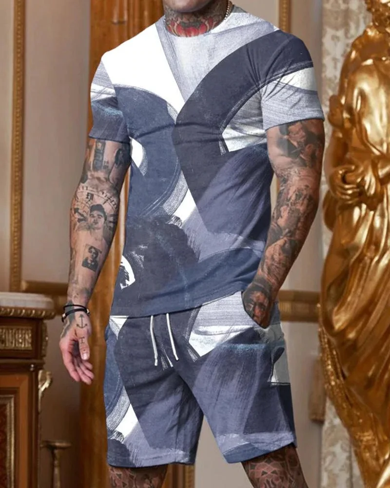 

Summer Men's Suit Crocodile Tracksuit Short Sleeve 2 Piece Outfit Fashion Streetwear T-shirt + Shorts Printed Set Man