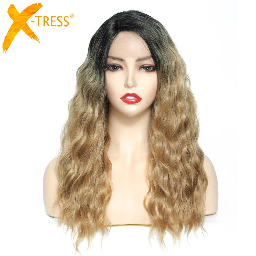 

X-TRESS парики из синтетического кружева натуральные волнистые боковые части парик из длинных волос для черных женщин Омбре коричневого цвета...
