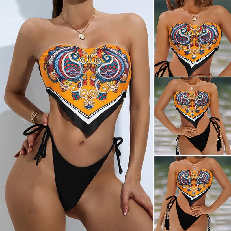 

2022 Bikini [object Object] Paisley Pattern Print Tassel Design Handkerchief Bikini Set Women's Swimsuit Купальник Женский