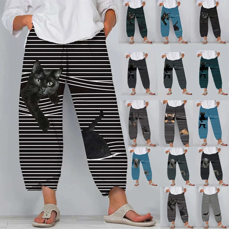 

Women Pants 3D Cat Animal Printed Pirate High Waist Pants Stripe Casual Pant Women Sweatpants Harajuku Cartoon Cropped trousers