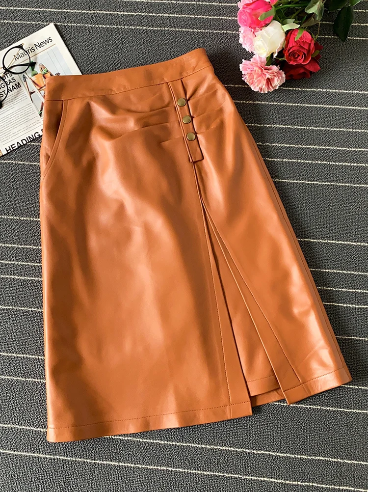 

Lambskin Skirt Women Elegant Genuine Leather Metal Buttons Slit Elastic Waist Saias Mujer Slim Orange Black Chic Vetement Femme