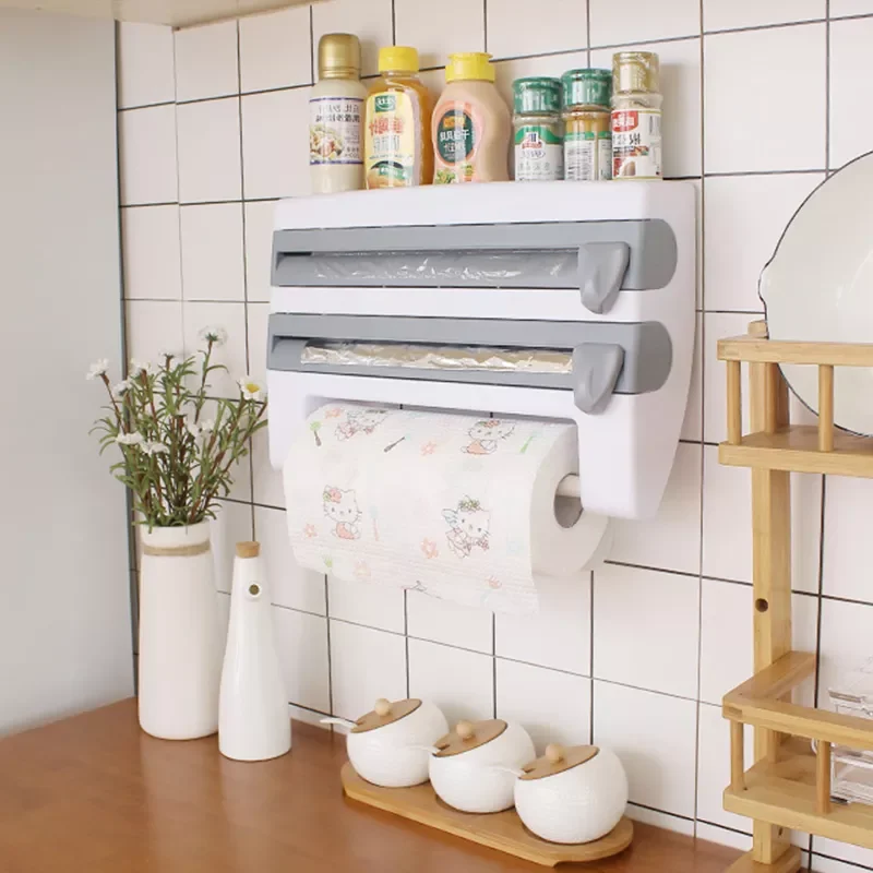 

Wall-Mount Paper Towel Holder Sauce Bottle Rack Kitchen Shelf 4 In 1 Cling Film Cutting Holder Mutifunction Kitchen Organizer
