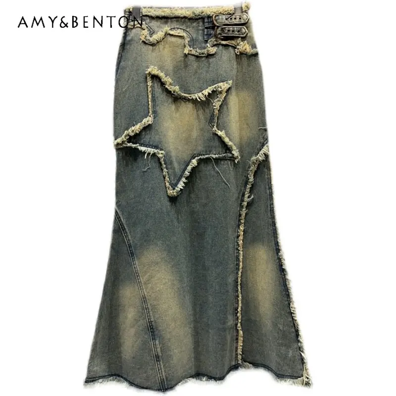 

2023 Summer New Jeans Skirt Non-Mainstream Style Five-Pointed Star Frayed Pattern Washed And Worn Fishtail Denim Skirt For Women