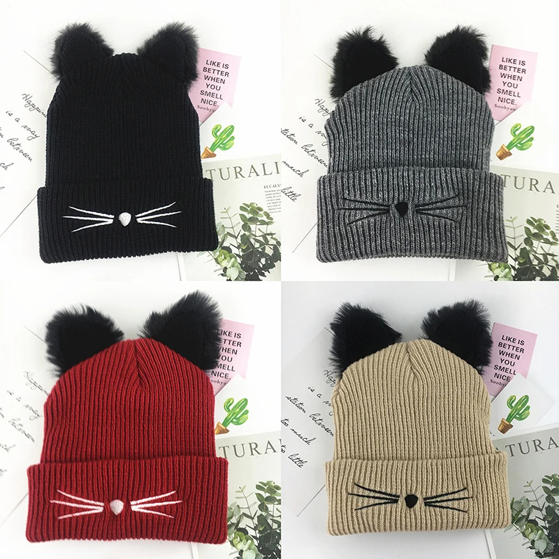 

Fashion Winter Women's Knitted Hat With Embroidered Cat Ear Warm Beanies Cap for Women Warm Knit Crochet Beanies Wool Skull Cap