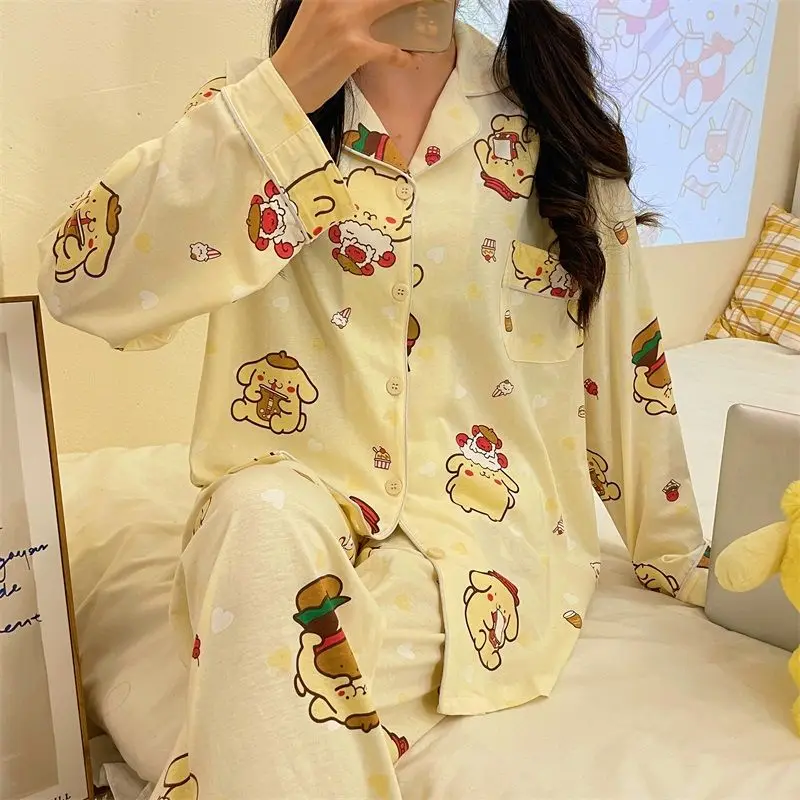 

Sanrio Kawaii помпон пурин пижамы Аниме мультфильм длинный рукав длинные брюки пижамы для студентов Повседневный свободный шезлонг набор девушек Подарок