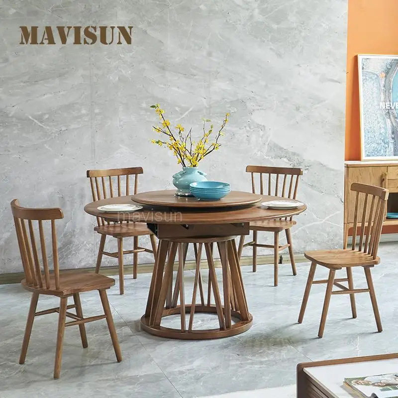 

Classical Solid Wood Kitchen Table Sets 6 Chairs Extendable Round Dining Tables With Turntable For Dinner Minimalist Furniture