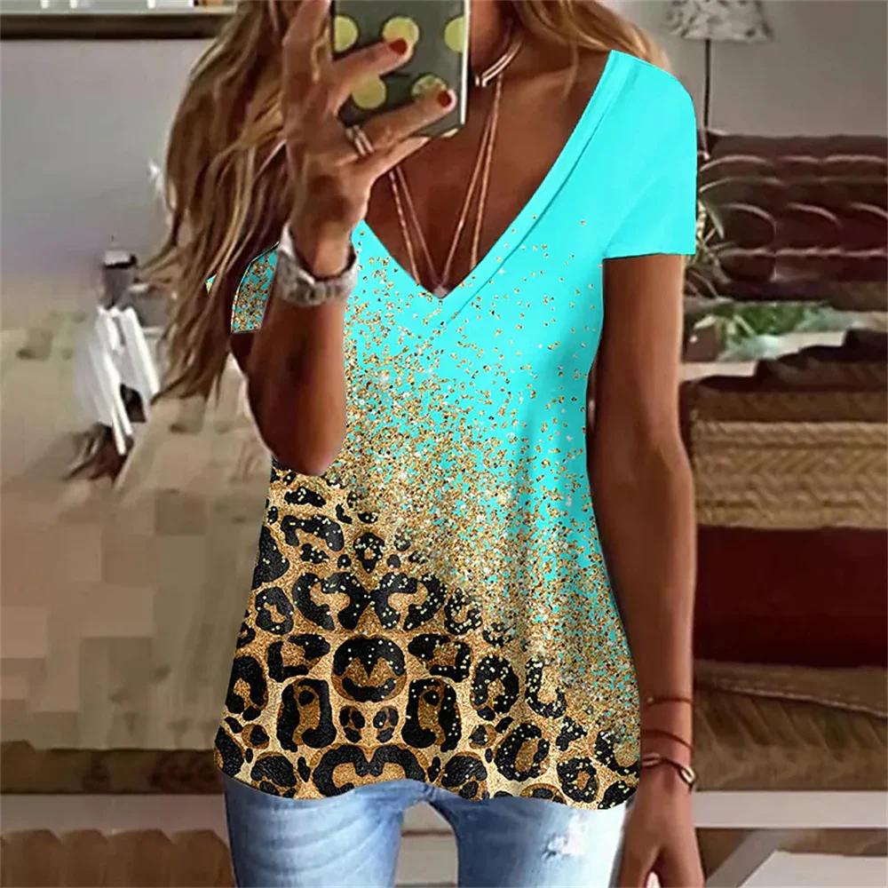 

Women'S T-Shirt Leopard Print Short Sleeve Daily Weekend Foundation V-Neck Fashion Pink Blue Purple Regular Painting For Girls